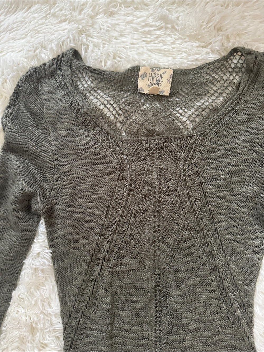 Hippie Rose Olive Open-Knit V-Neck Sweater